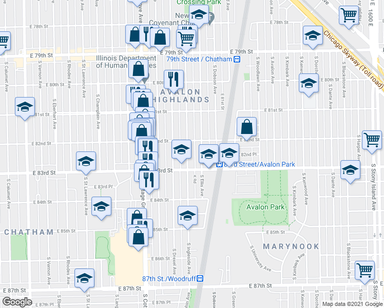map of restaurants, bars, coffee shops, grocery stores, and more near 8222 South Ingleside Avenue in Chicago
