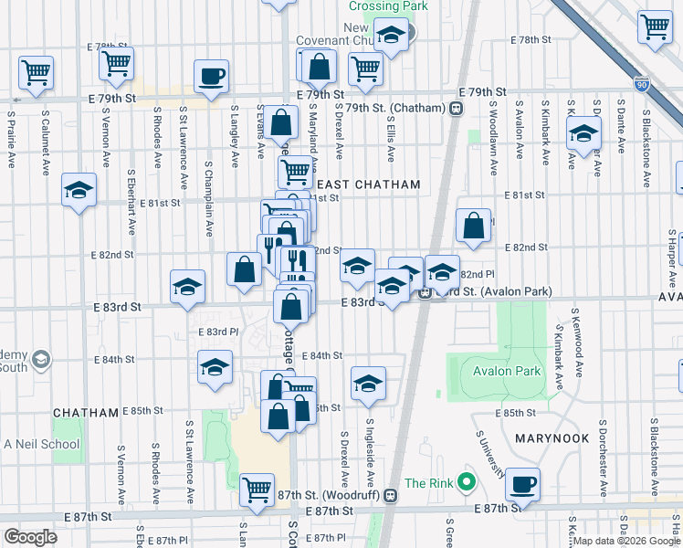 map of restaurants, bars, coffee shops, grocery stores, and more near 8226 South Drexel Avenue in Chicago