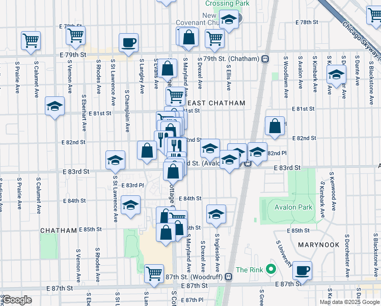 map of restaurants, bars, coffee shops, grocery stores, and more near 8226 South Drexel Avenue in Chicago