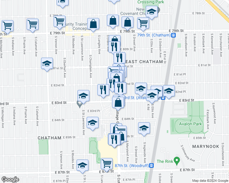 map of restaurants, bars, coffee shops, grocery stores, and more near 8227 South Evans Avenue in Chicago