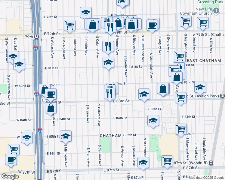 map of restaurants, bars, coffee shops, grocery stores, and more near 8222 South Doctor Martin Luther King Junior Drive in Chicago