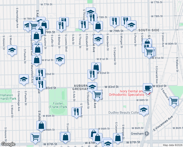 map of restaurants, bars, coffee shops, grocery stores, and more near 1206 West 82nd Street in Chicago