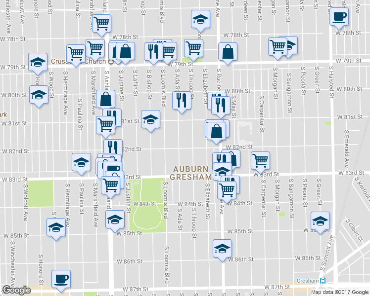 map of restaurants, bars, coffee shops, grocery stores, and more near 1322 West 82nd Street in Chicago