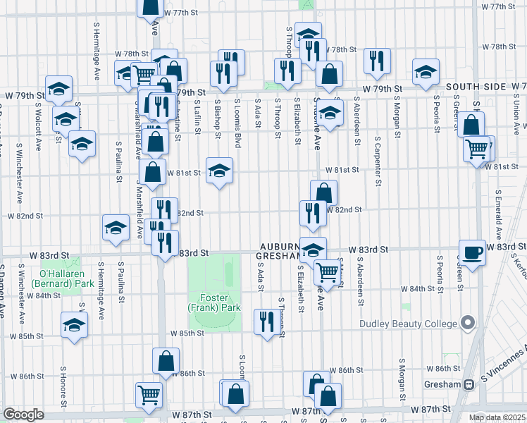 map of restaurants, bars, coffee shops, grocery stores, and more near 1322 West 82nd Street in Chicago