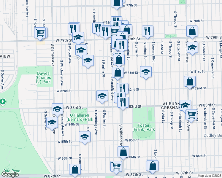 map of restaurants, bars, coffee shops, grocery stores, and more near 1624 West 82nd Street in Chicago