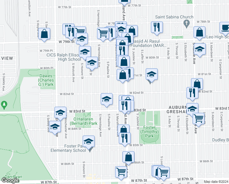 map of restaurants, bars, coffee shops, grocery stores, and more near 1624 West 82nd Street in Chicago