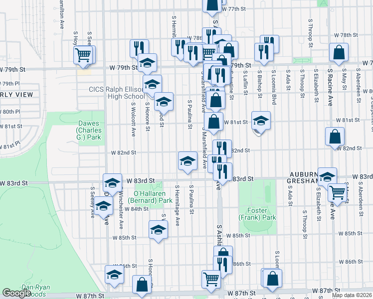 map of restaurants, bars, coffee shops, grocery stores, and more near 8158 South Paulina Street in Chicago