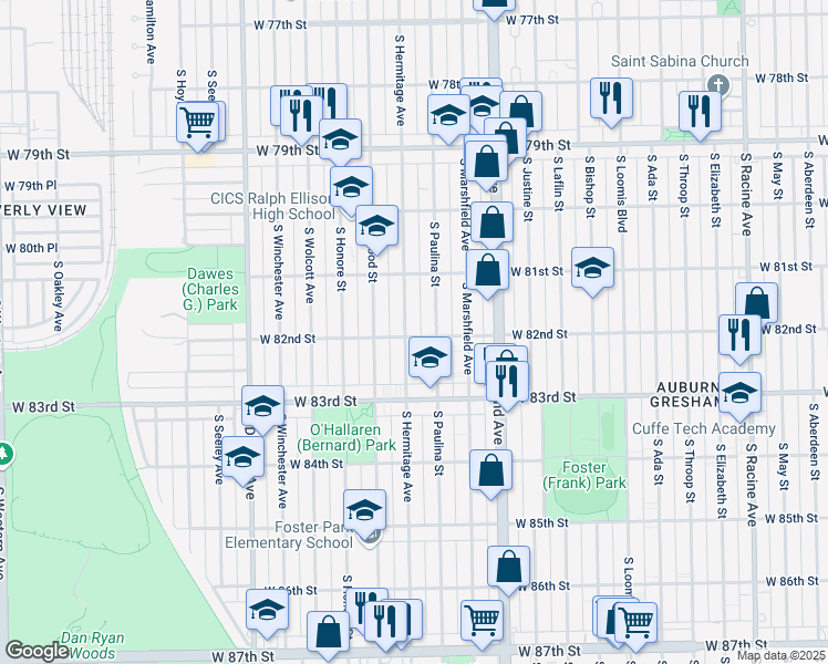 map of restaurants, bars, coffee shops, grocery stores, and more near 8158 South Paulina Street in Chicago