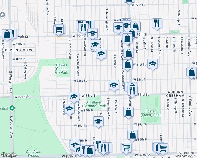 map of restaurants, bars, coffee shops, grocery stores, and more near 8155 South Honore Street in Chicago