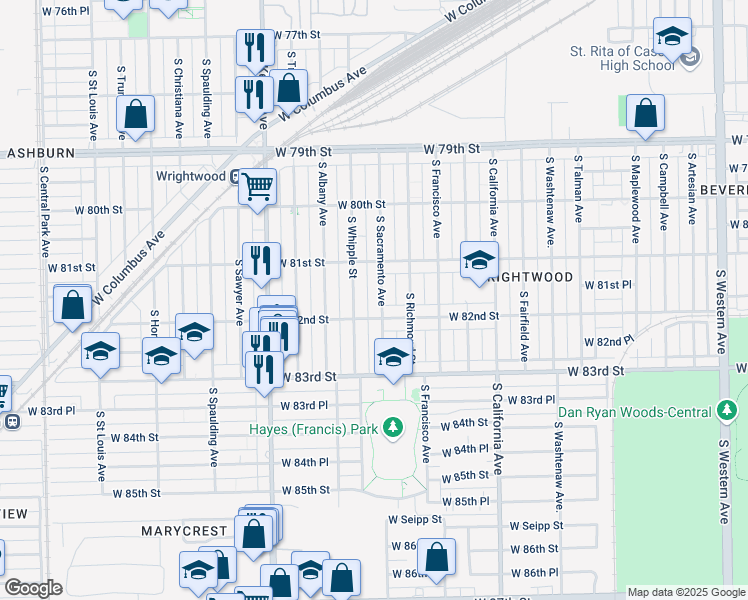 map of restaurants, bars, coffee shops, grocery stores, and more near 8144 South Sacramento Avenue in Chicago