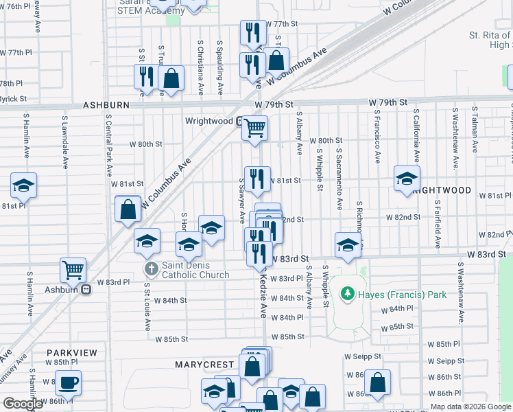 map of restaurants, bars, coffee shops, grocery stores, and more near 8141 South Kedzie Avenue in Chicago