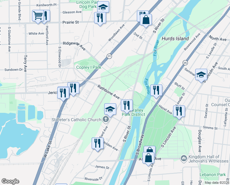 map of restaurants, bars, coffee shops, grocery stores, and more near 429 Rathbone Avenue in Aurora