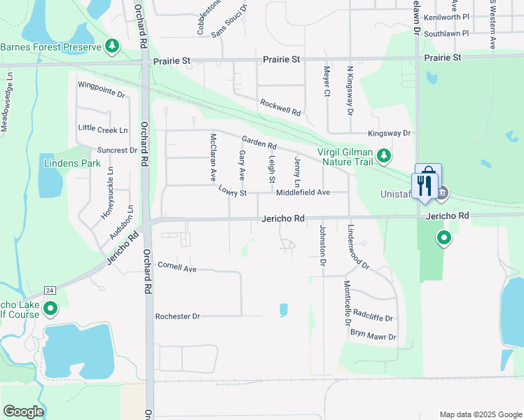 map of restaurants, bars, coffee shops, grocery stores, and more near 2139 Jericho Road in Aurora