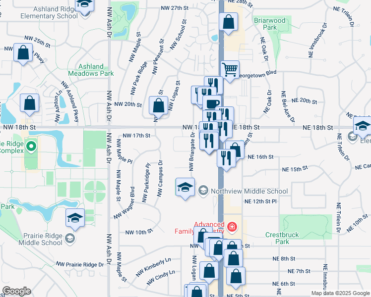 map of restaurants, bars, coffee shops, grocery stores, and more near 309 Northwest 18th Street in Ankeny
