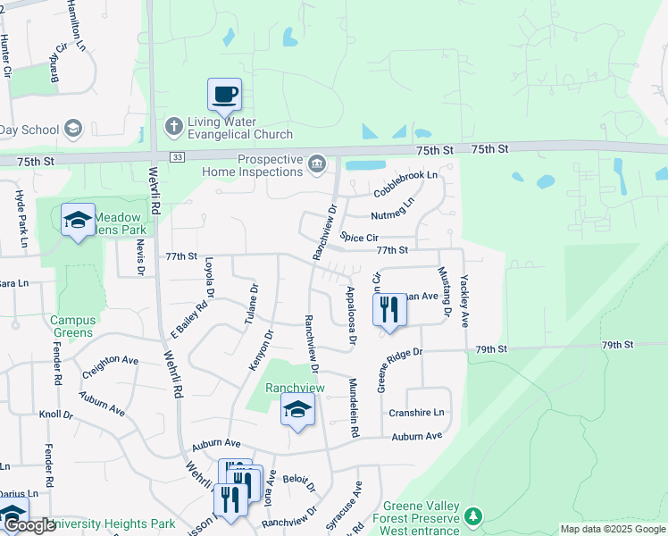 map of restaurants, bars, coffee shops, grocery stores, and more near 1811 Appaloosa Drive in Naperville