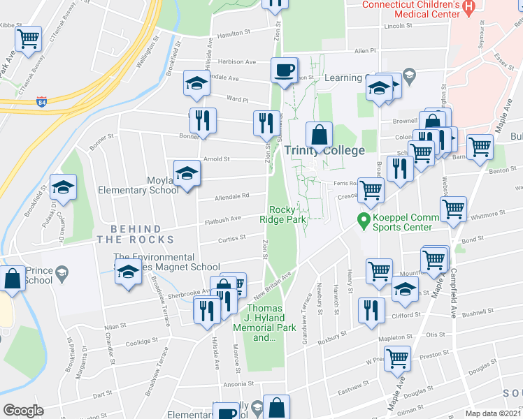 map of restaurants, bars, coffee shops, grocery stores, and more near 145 Zion Street in Hartford