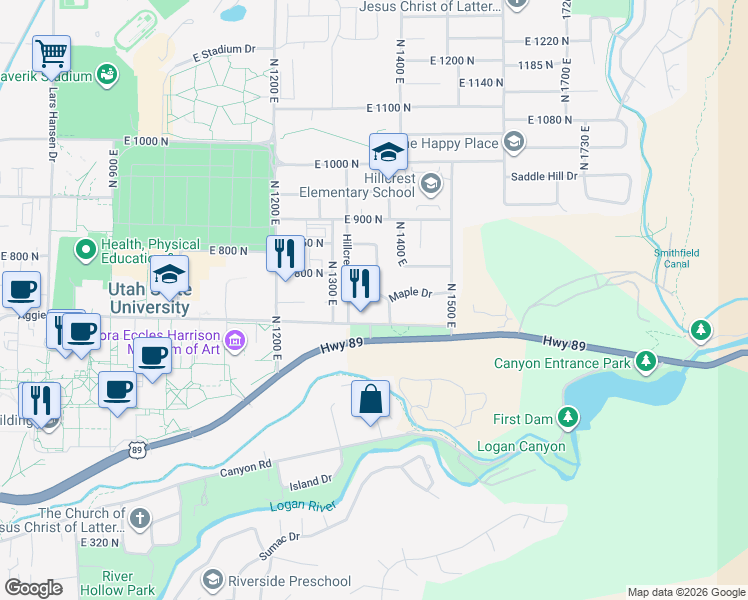 map of restaurants, bars, coffee shops, grocery stores, and more near 725 North 1400 East in Logan