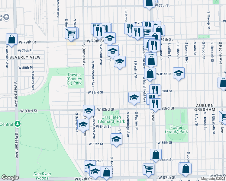 map of restaurants, bars, coffee shops, grocery stores, and more near 8155 South Honore Street in Chicago
