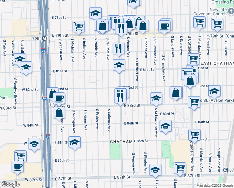 map of restaurants, bars, coffee shops, grocery stores, and more near 8222 South Doctor Martin Luther King Junior Drive in Chicago