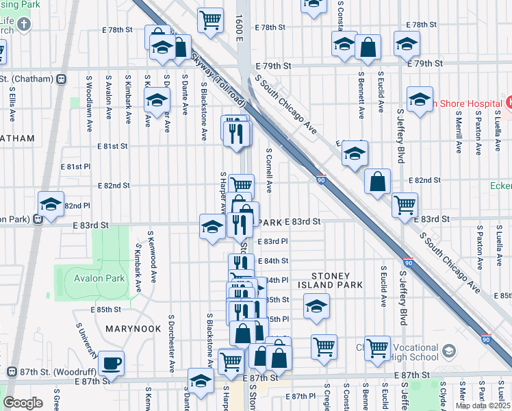 map of restaurants, bars, coffee shops, grocery stores, and more near 8233 South Stony Island Avenue in Chicago
