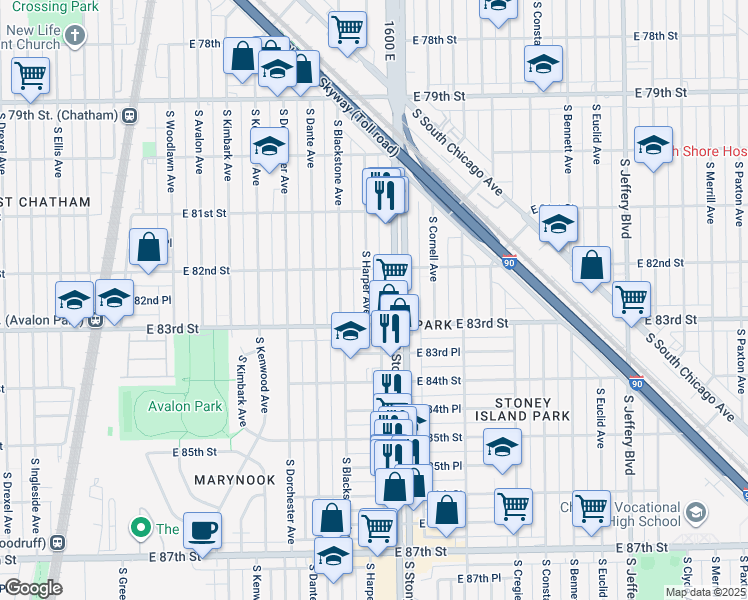 map of restaurants, bars, coffee shops, grocery stores, and more near 8233 South Harper Avenue in Chicago