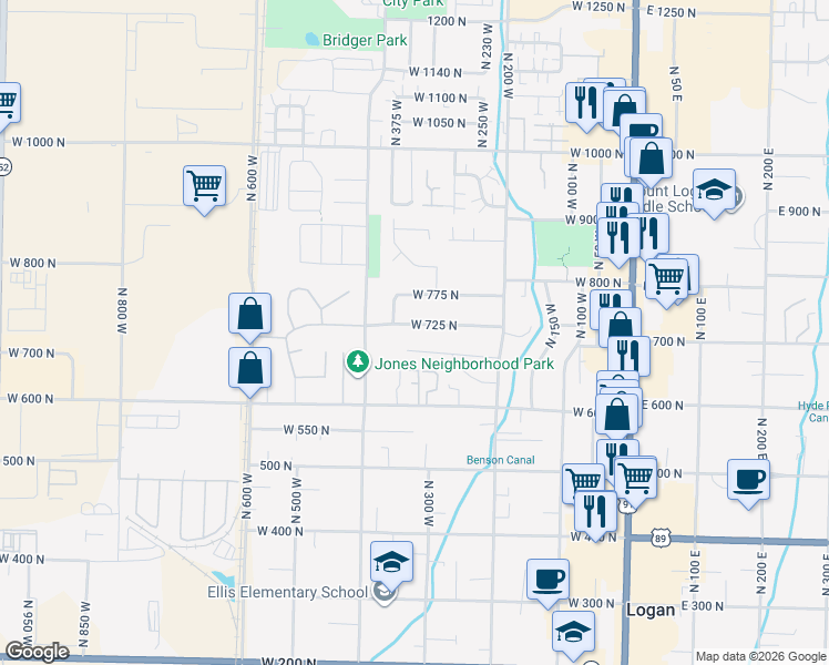 map of restaurants, bars, coffee shops, grocery stores, and more near 340 West 725 North in Logan