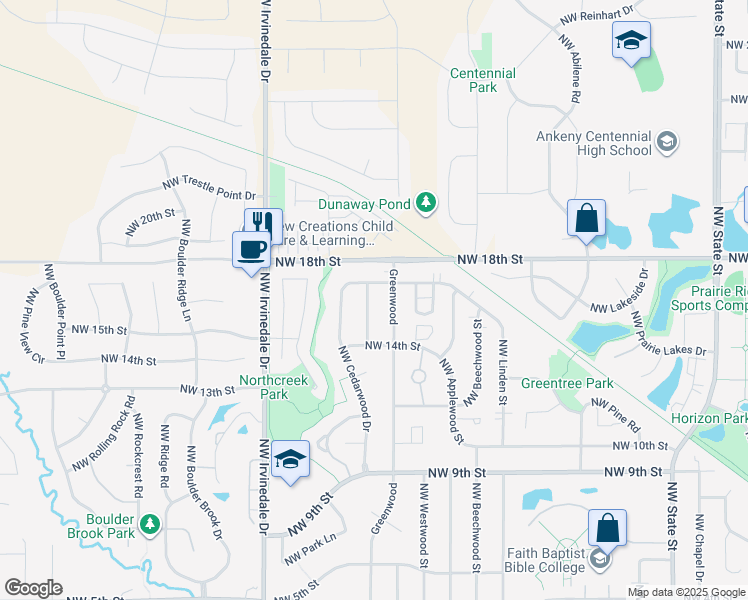 map of restaurants, bars, coffee shops, grocery stores, and more near 1605 Northwest Linwood Drive in Ankeny