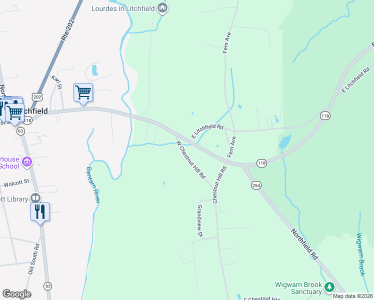 map of restaurants, bars, coffee shops, grocery stores, and more near 11 West Chestnut Hill Road in Litchfield