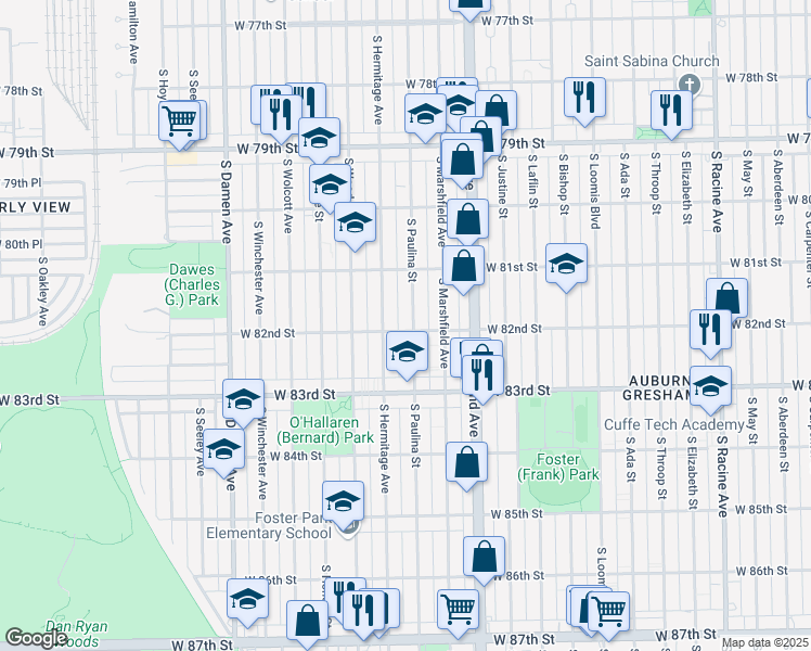 map of restaurants, bars, coffee shops, grocery stores, and more near 8158 South Paulina Street in Chicago