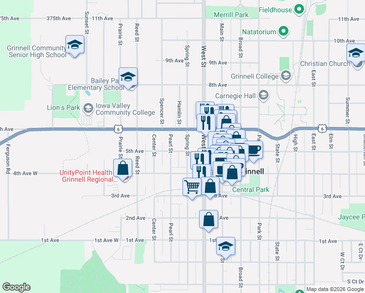 map of restaurants, bars, coffee shops, grocery stores, and more near 1020 Spring Street in Grinnell