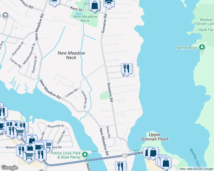 map of restaurants, bars, coffee shops, grocery stores, and more near 140 Sowams Road in Barrington