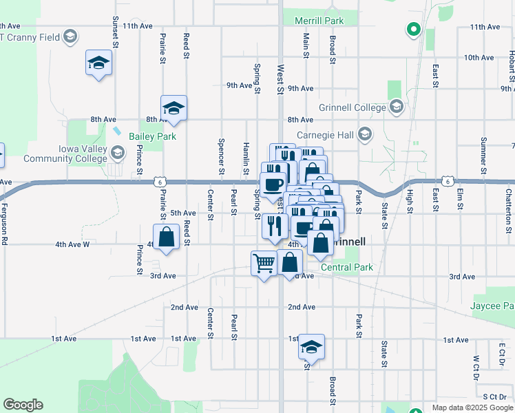 map of restaurants, bars, coffee shops, grocery stores, and more near 1020 Spring Street in Grinnell