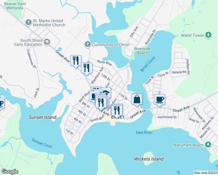 map of restaurants, bars, coffee shops, grocery stores, and more near 30 Highland Avenue in Wareham