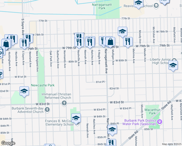 map of restaurants, bars, coffee shops, grocery stores, and more near 8036 Natchez Avenue in Burbank