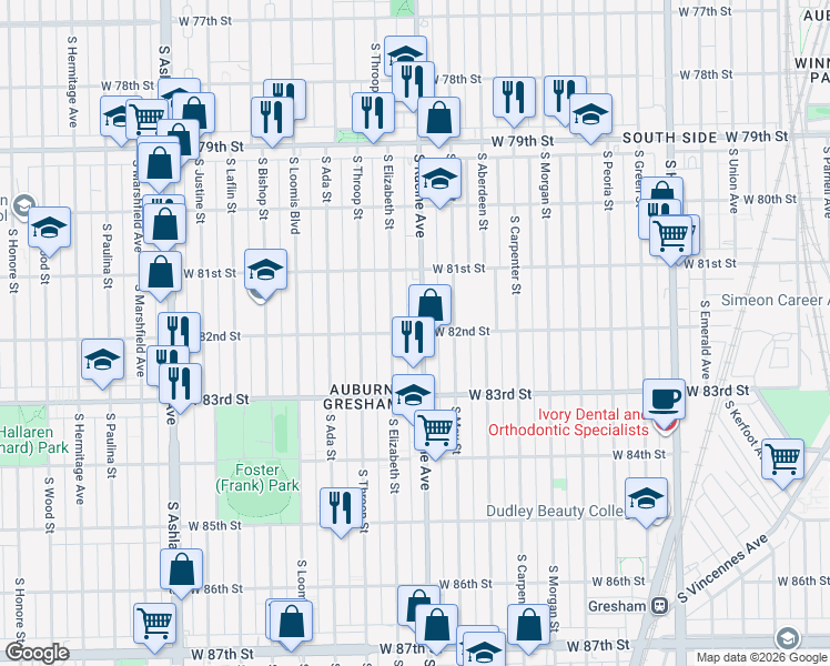 map of restaurants, bars, coffee shops, grocery stores, and more near 1206 West 82nd Street in Chicago