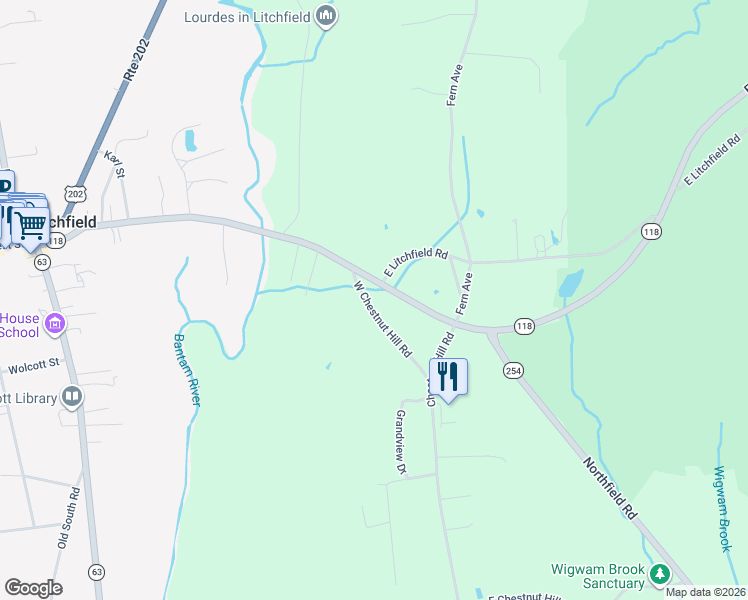 map of restaurants, bars, coffee shops, grocery stores, and more near 11 West Chestnut Hill Road in Litchfield
