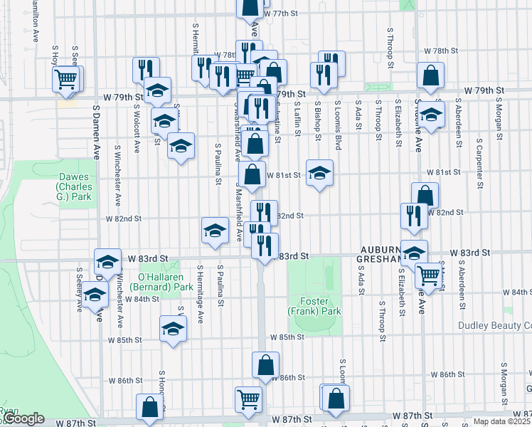 map of restaurants, bars, coffee shops, grocery stores, and more near 8157 South Ashland Avenue in Chicago