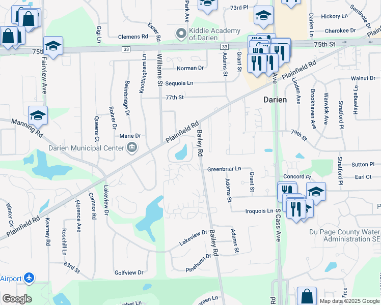 map of restaurants, bars, coffee shops, grocery stores, and more near 7830 Darien Lakes Drive in Darien