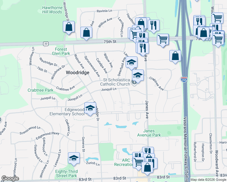 map of restaurants, bars, coffee shops, grocery stores, and more near 2601 Jonquil Lane in Woodridge
