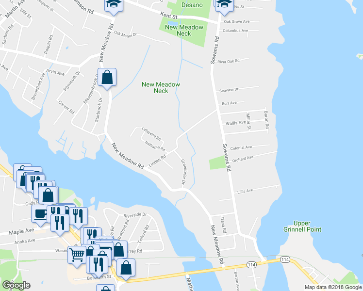 map of restaurants, bars, coffee shops, grocery stores, and more near 41 Linden Road in Barrington