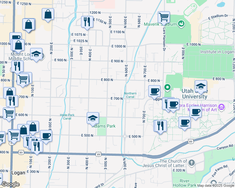 map of restaurants, bars, coffee shops, grocery stores, and more near 553 East 700 North in Logan