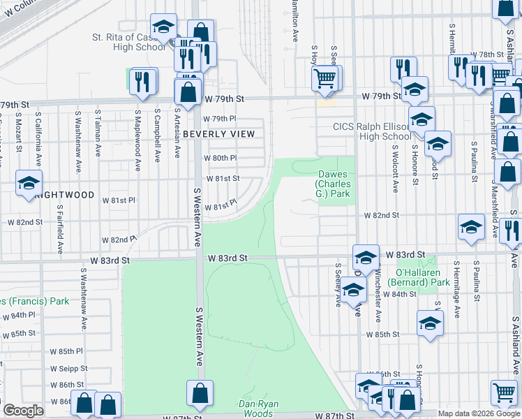 map of restaurants, bars, coffee shops, grocery stores, and more near 2220 West 82nd Street in Chicago