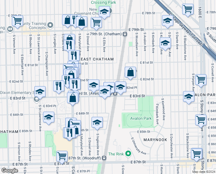 map of restaurants, bars, coffee shops, grocery stores, and more near 8225 South Ellis Avenue in Chicago
