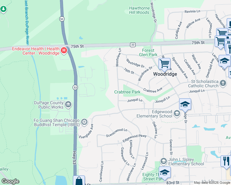map of restaurants, bars, coffee shops, grocery stores, and more near 7734 Westview Lane in Woodridge