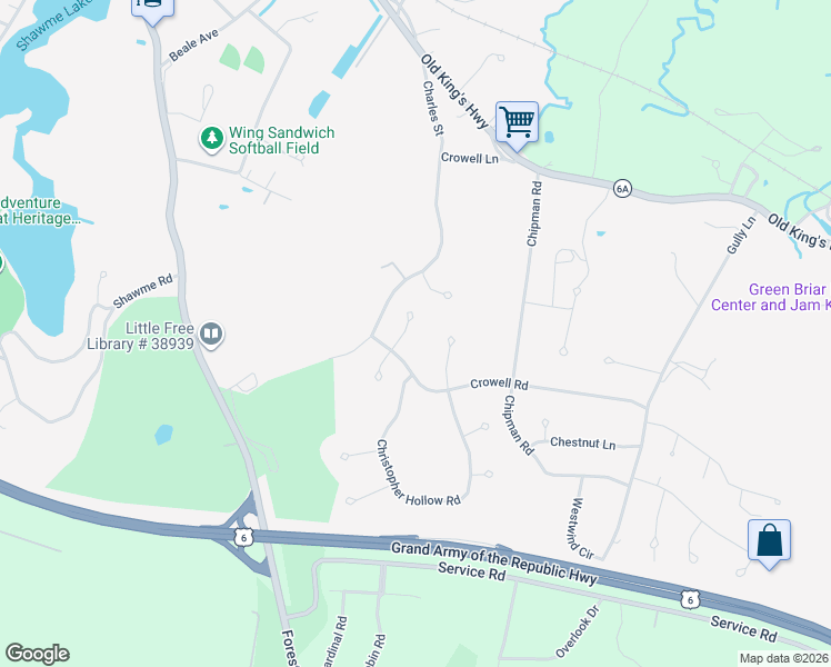 map of restaurants, bars, coffee shops, grocery stores, and more near 9 Haystack Lane in Sandwich