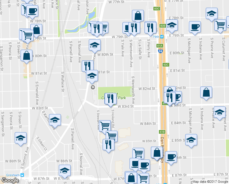 map of restaurants, bars, coffee shops, grocery stores, and more near 8233 South Stewart Avenue in Chicago