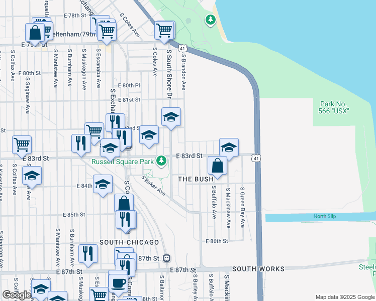 map of restaurants, bars, coffee shops, grocery stores, and more near 8253 South Brandon Avenue in Chicago