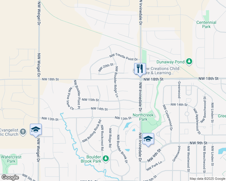 map of restaurants, bars, coffee shops, grocery stores, and more near 1606 Northwest Boulder Ridge Lane in Ankeny