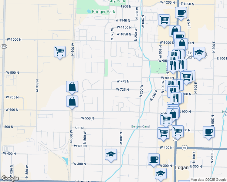 map of restaurants, bars, coffee shops, grocery stores, and more near 364 West 725 North in Logan