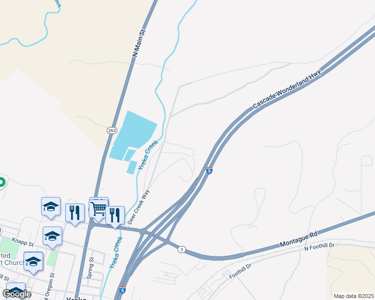 map of restaurants, bars, coffee shops, grocery stores, and more near 1010 Deer Creek Way in Yreka
